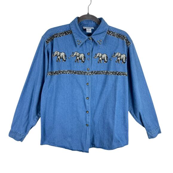 Christopher & Banks Tops - Vintage Christopher & Banks Elephant Embroidered Button Up Jean Shirt Size M